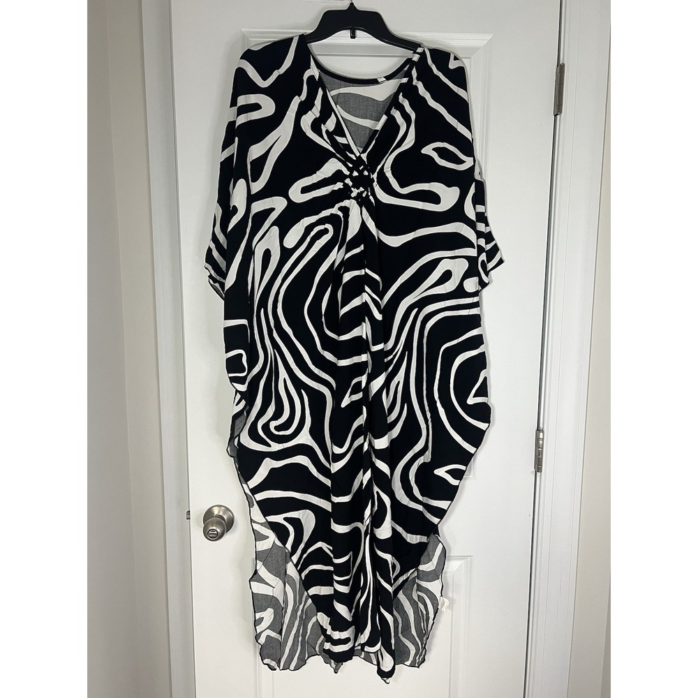 Women's V Neck Swimsuit Coverup Black White M-XL Swim‎ Dress